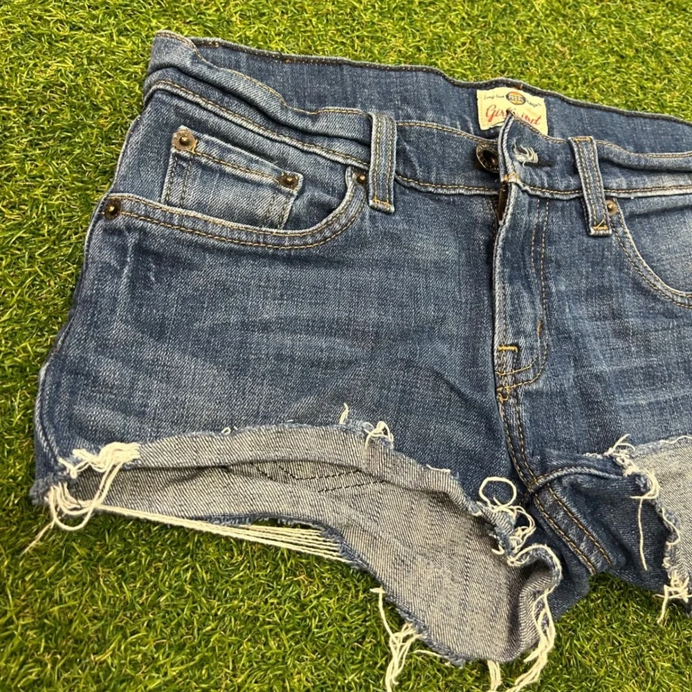 Fossil Long Live Vintage Girlfriend Denim Shorts Medium Wash Raw Hem Size 25